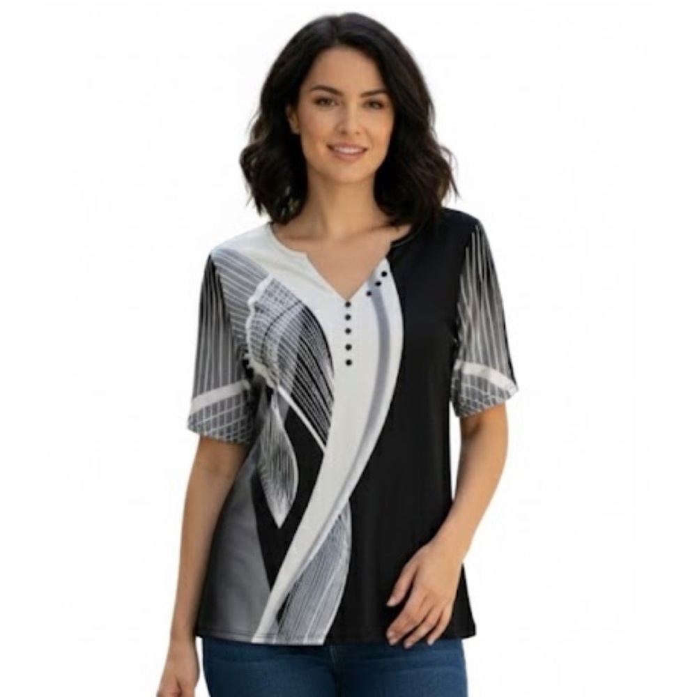 Abstract Short Sleeve Top, Women’s M, Black White Gray
